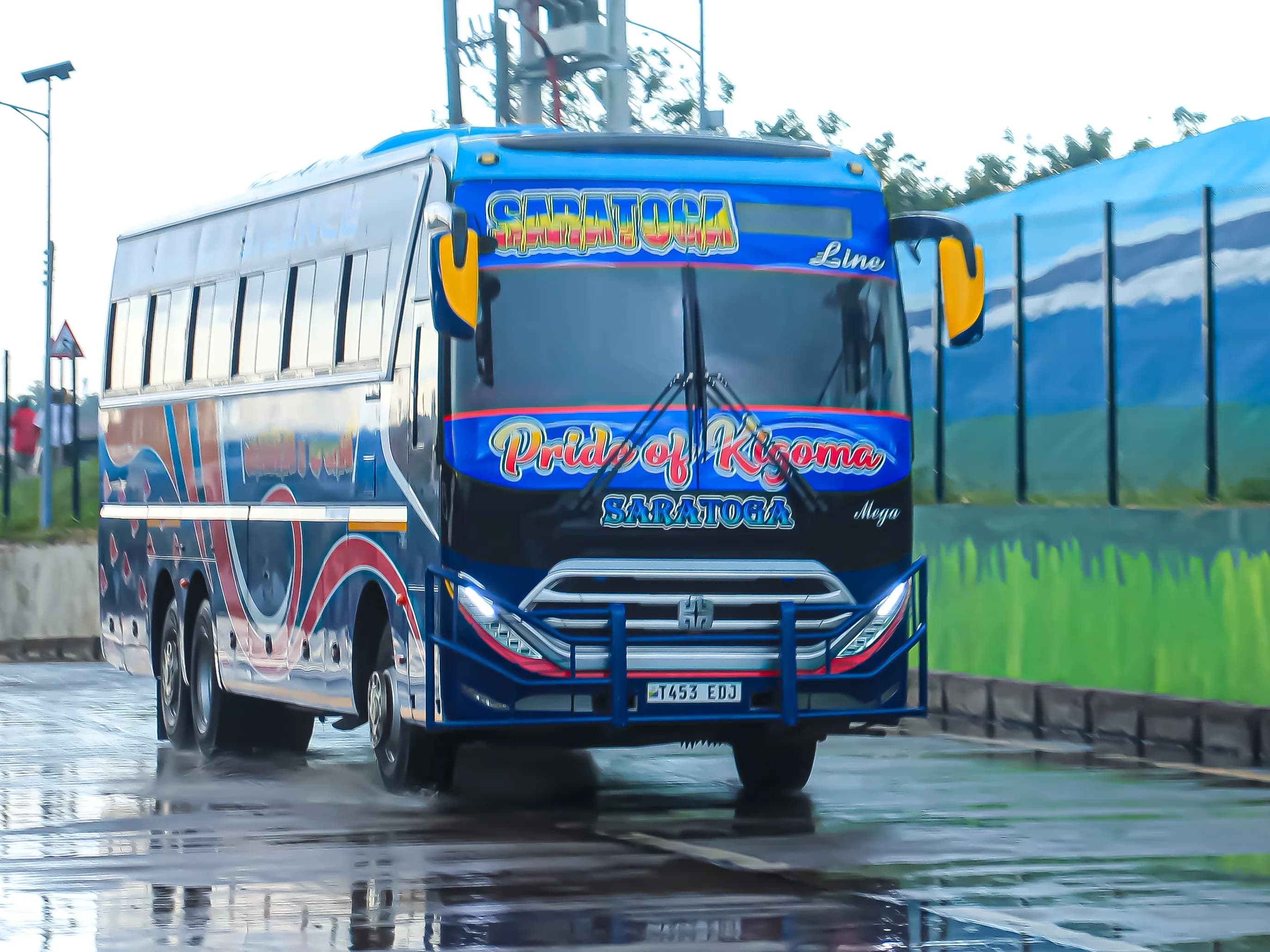 Saratoga red bus close-up